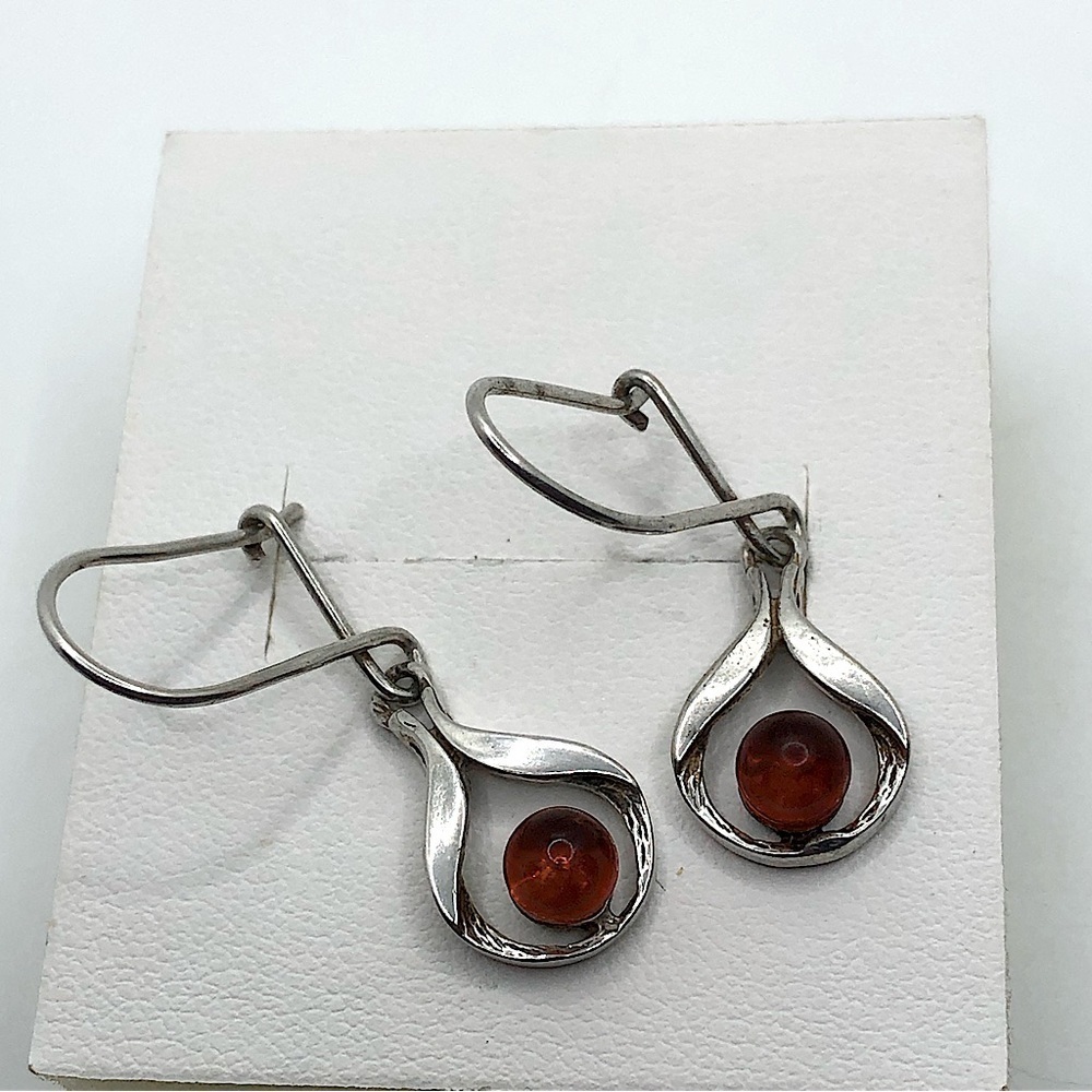Vtg 800 Silver Baltic Amber Hook Earrings 1.2” Stamped 875 / USSR